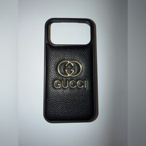 Black Leather 17 pro max iPhone Case with Gold Logo Accent